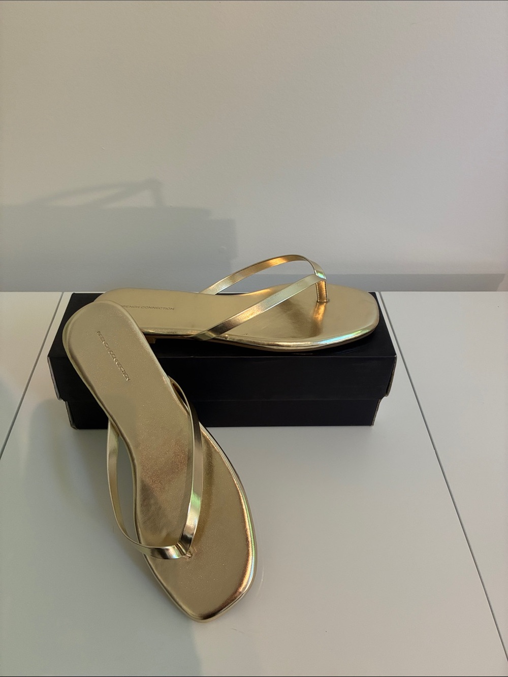 French Connection Gold Metallic Strappy Thong Sandals